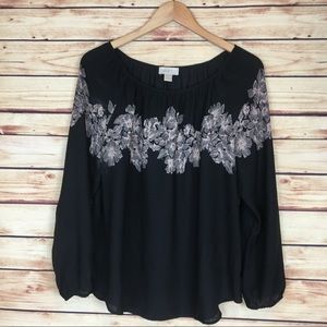 LOFT Floral Print Blouse Long Sleeve Black Pink L